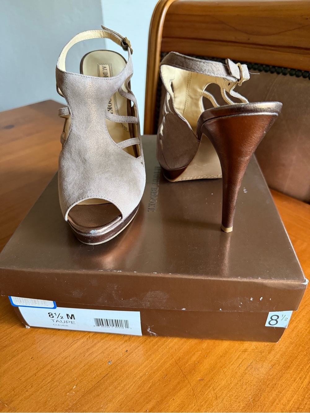 Audrey Brooke Taupe Suede Open-Toe Strappy High Heels
